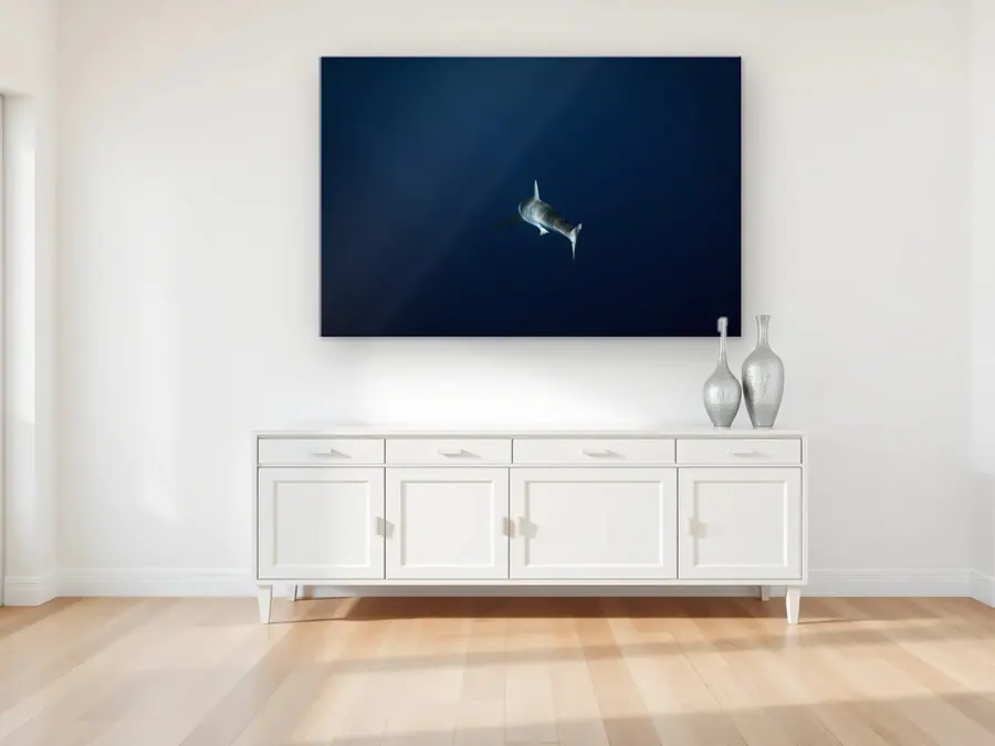 Lone Shark by Christian Lee as a acrylic print on a living room wall