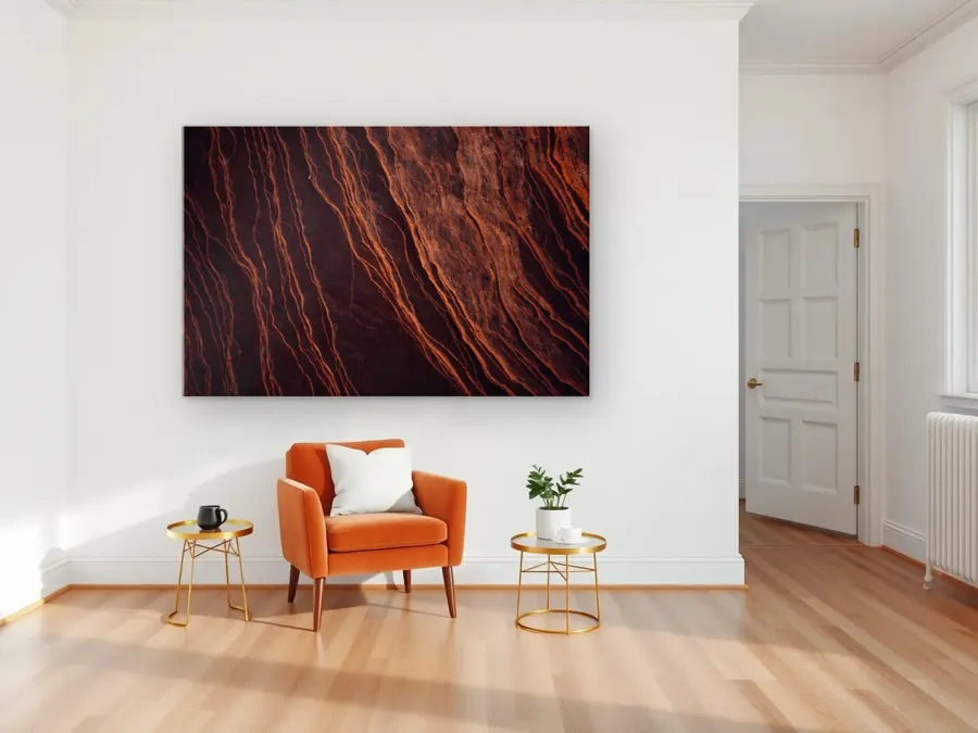 Red Century by Chris Ruel as a acrylic print on a living room wall