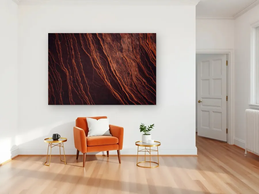 Red Century by Chris Ruel as a aluminum print on a living room wall