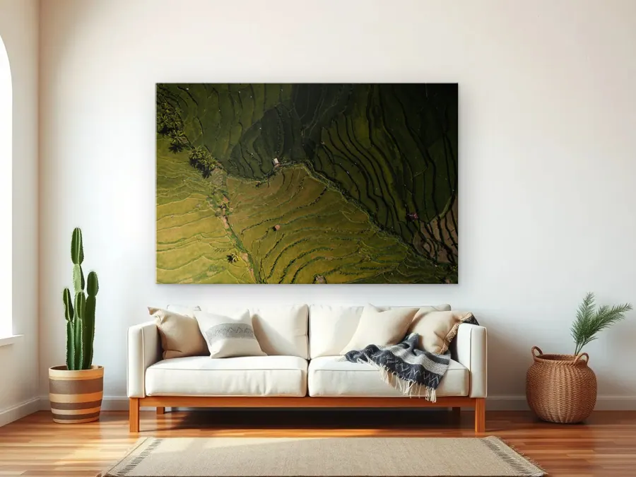 Indo Fields by Christian Lee as a acrylic print on a living room wall