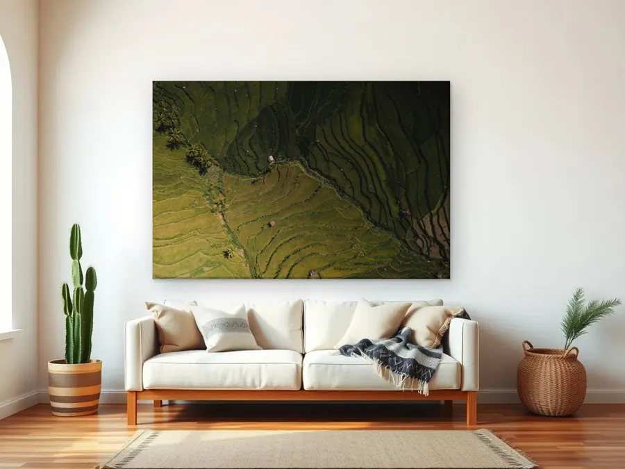 Indo Fields by Christian Lee as a canvas print on a living room wall